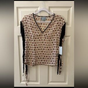 Skies Are Blue Beige Elephant-Print Fringe V-Neck Top